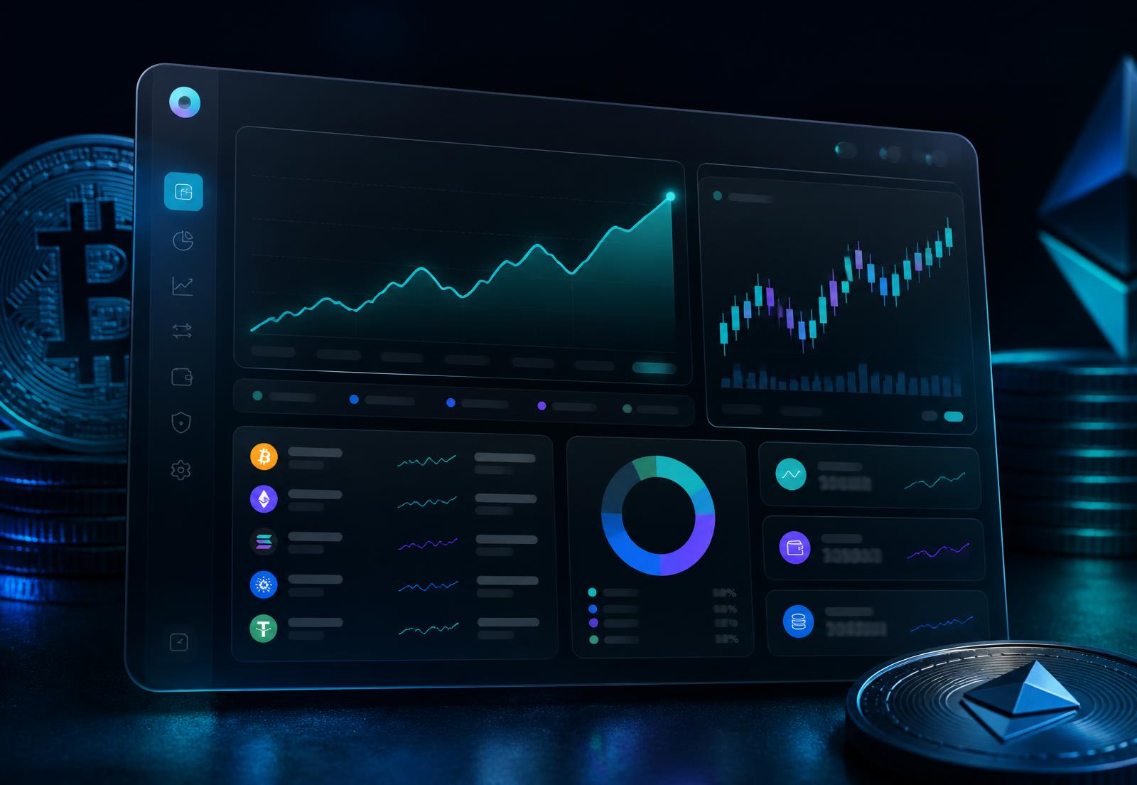Crypto portfolio dashboard showing performance chart, candlestick market panel and asset allocation